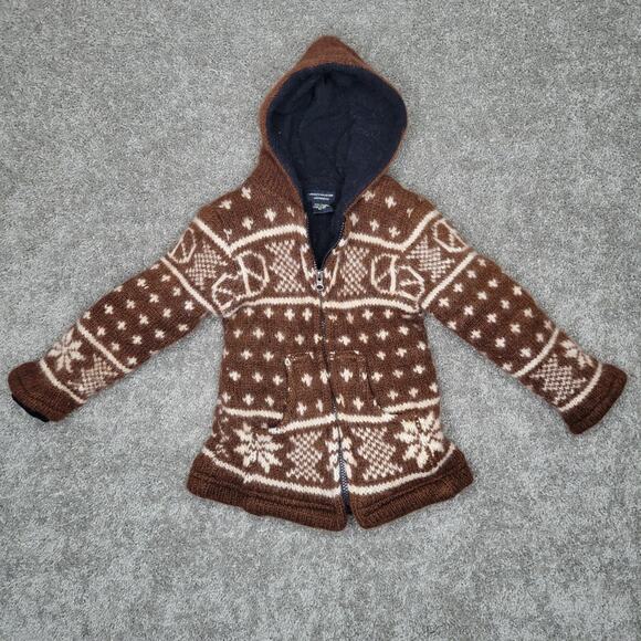 Lakhays Collection Brown Fleece Lined Snowflake Nepalese Wool Girls Jacket S/M - Picture 1 of 7